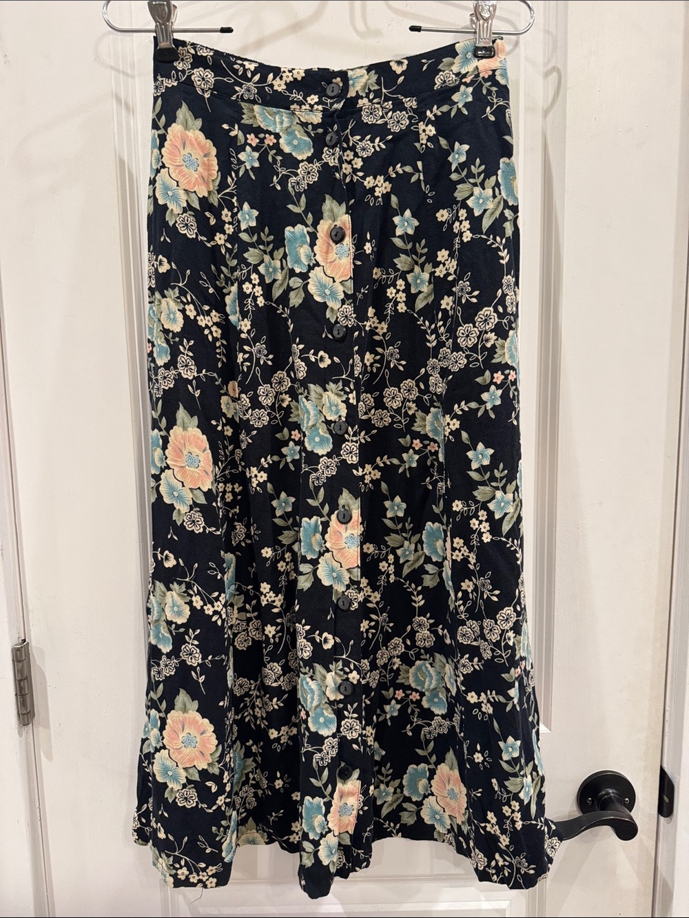 Sag Harbor Vintage A-Line Button-Front Aqua Peach Floral Maxi Skirt Cottagecore